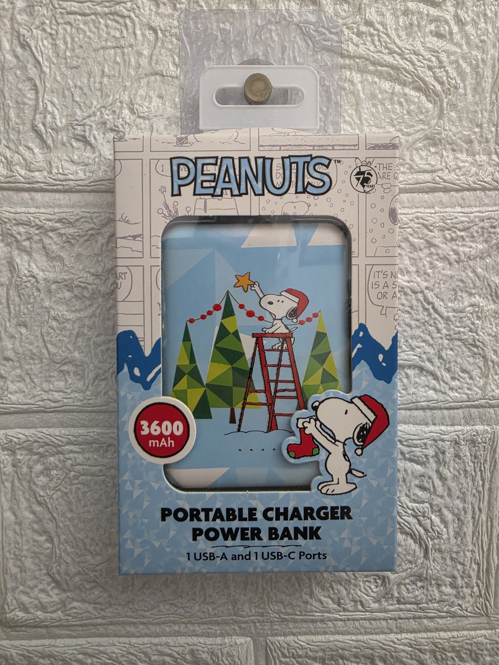 Peanuts Snoopy Power Bank 3600mAh USB-C USB-A Holiday 75th Anniversary Charger